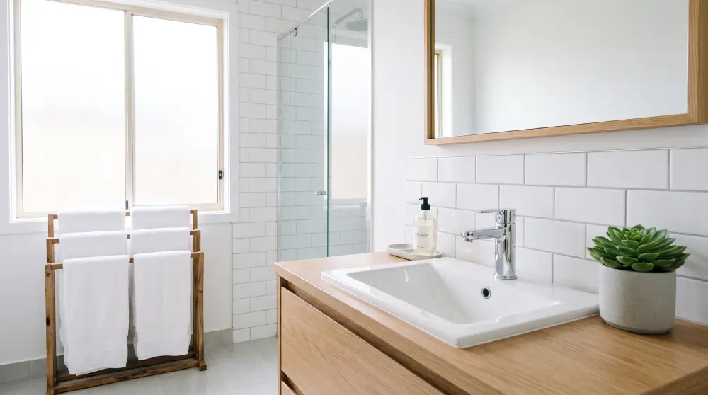 A spotlessly clean modern bathroom with gleaming white tiles, a shiny faucet, fresh towels, and green plants representing bathroom cleaning hacks that work