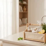 A collection of the best natural cleaning solutions including baking soda, white vinegar, lemon, and essential oils arranged on a wooden kitchen counter