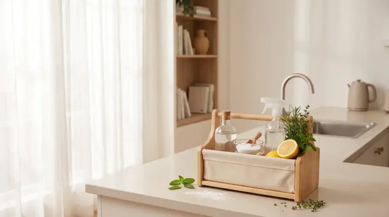 A collection of the best natural cleaning solutions including baking soda, white vinegar, lemon, and essential oils arranged on a wooden kitchen counter
