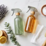A bright kitchen counter with eco-friendly cleaning products including glass spray bottles, natural sponges, lemon, and green plants arranged neatly.