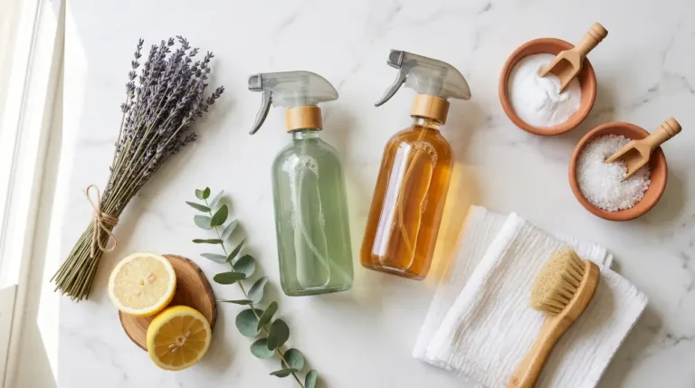 A bright kitchen counter with eco-friendly cleaning products including glass spray bottles, natural sponges, lemon, and green plants arranged neatly.