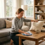 Person fluffing a couch cushion and wiping a coffee table in a bright, tidy living room using simple cleaning hacks