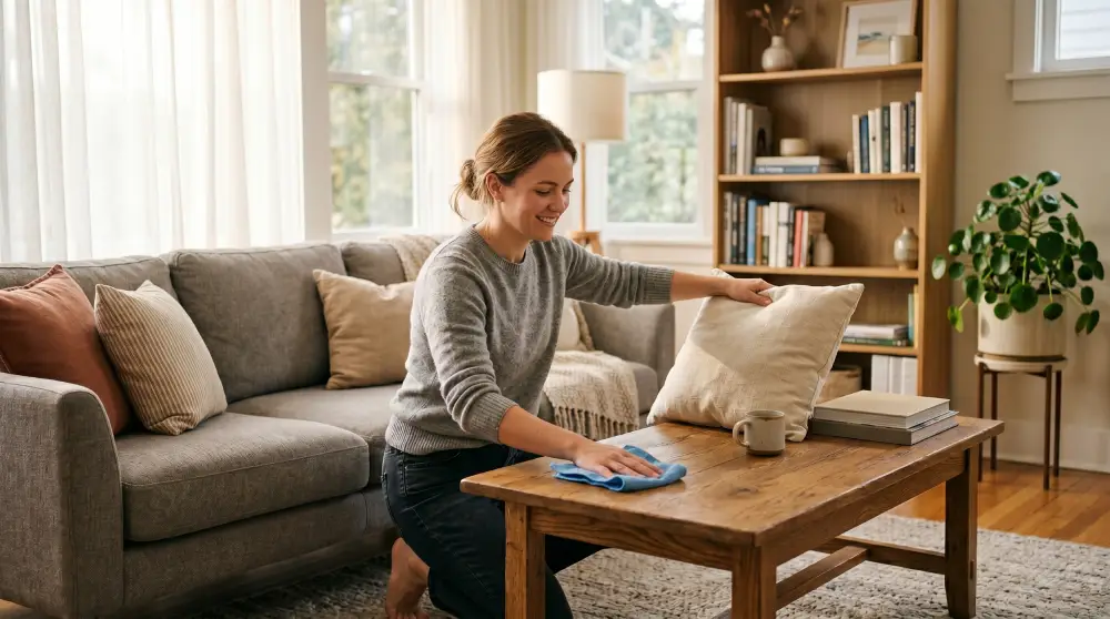 Person fluffing a couch cushion and wiping a coffee table in a bright, tidy living room using simple cleaning hacks