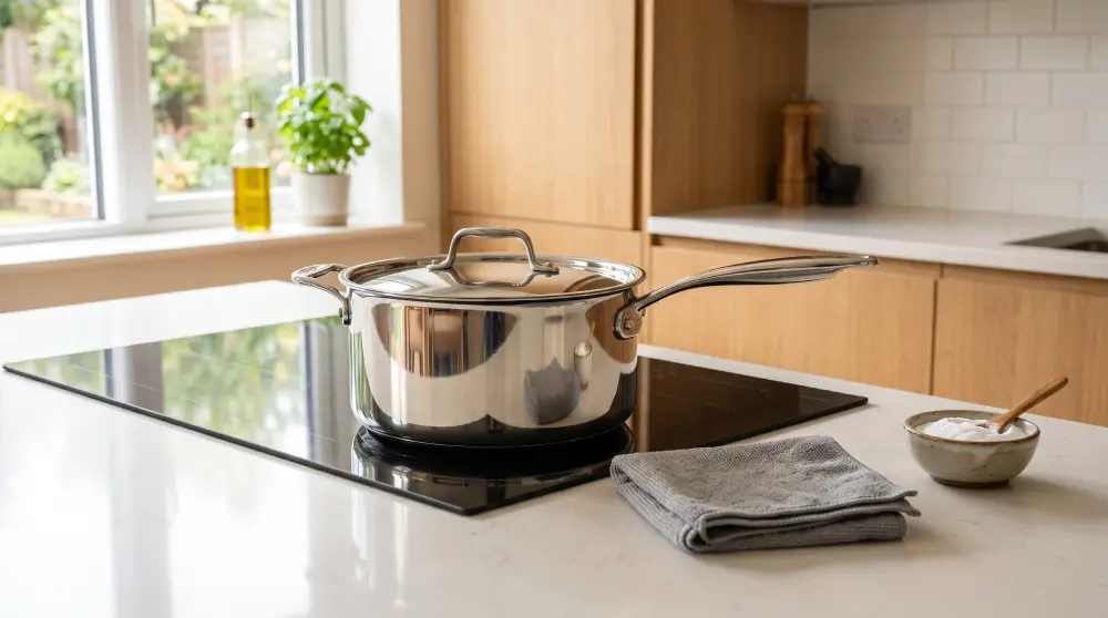 A clean and shiny stainless steel pot sitting on a stovetop after being restored using methods on how to clean burnt stainless steel pots