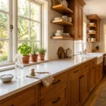 How to Remove Grease from Kitchen Cabinets Naturally - Cleaning Tips Today Sparkling clean wooden kitchen cabinets after natural grease removal using baking soda and vinegar solution