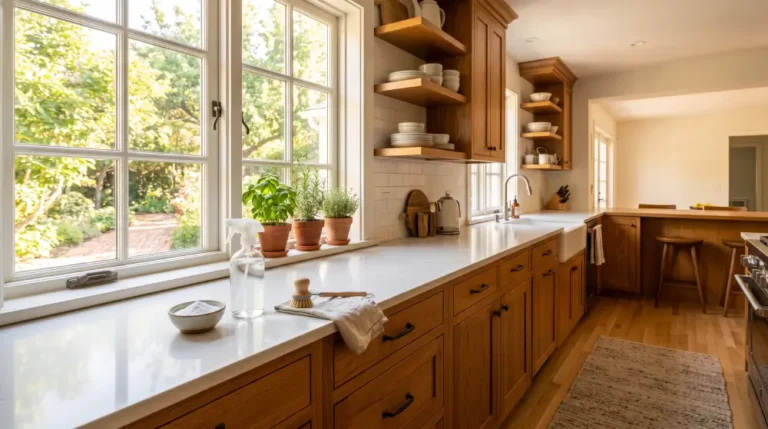Sparkling clean wooden kitchen cabinets after natural grease removal using baking soda and vinegar solution