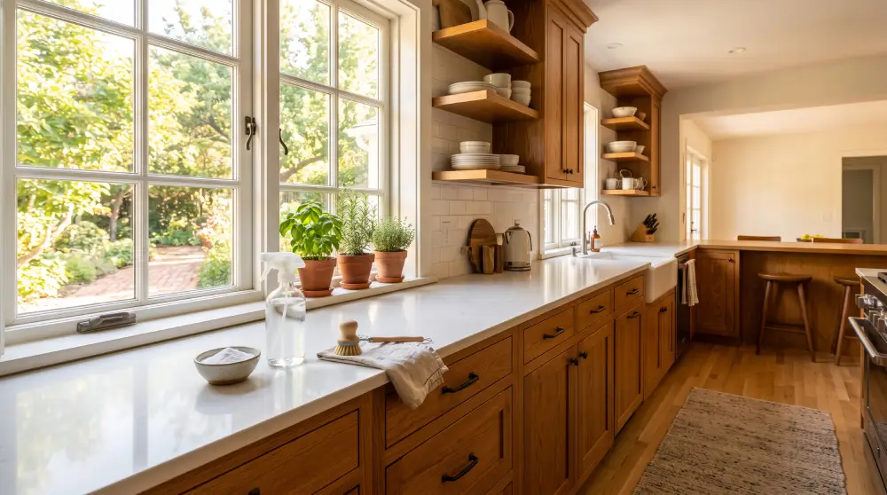 Sparkling clean wooden kitchen cabinets after natural grease removal using baking soda and vinegar solution