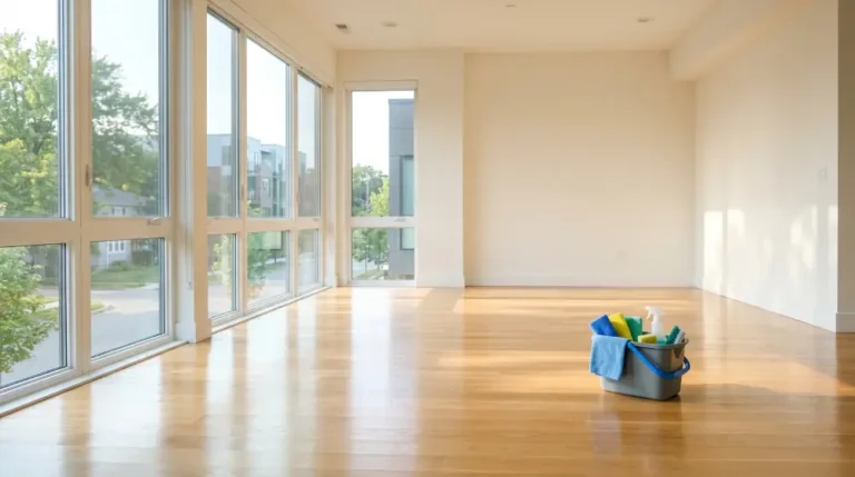 A bright, empty apartment living room with sunlight reflecting off clean hardwood floors and a bucket of cleaning supplies in the corner.