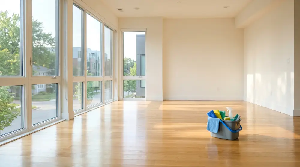 A bright, empty apartment living room with sunlight reflecting off clean hardwood floors and a bucket of cleaning supplies in the corner.