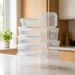 Clean plastic food storage containers without yellow stains on a kitchen counter