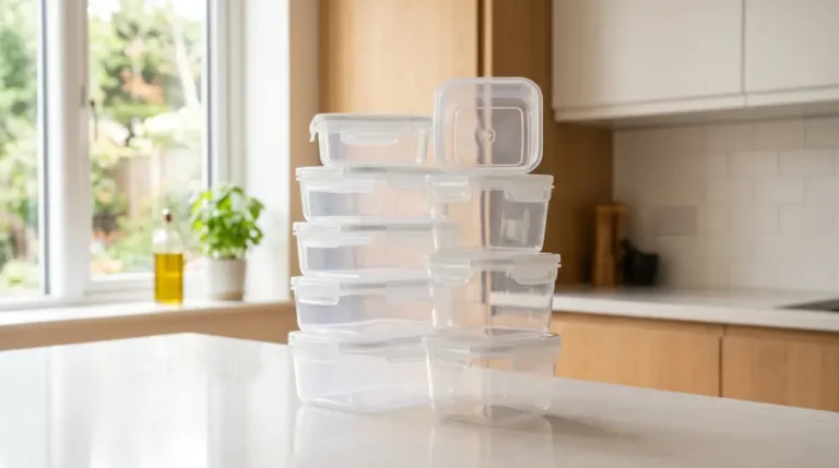 Clean plastic food storage containers without yellow stains on a kitchen counter