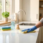 Bright, organized kitchen mid deep clean with a microfiber cloth and spray bottle on a spotless countertop