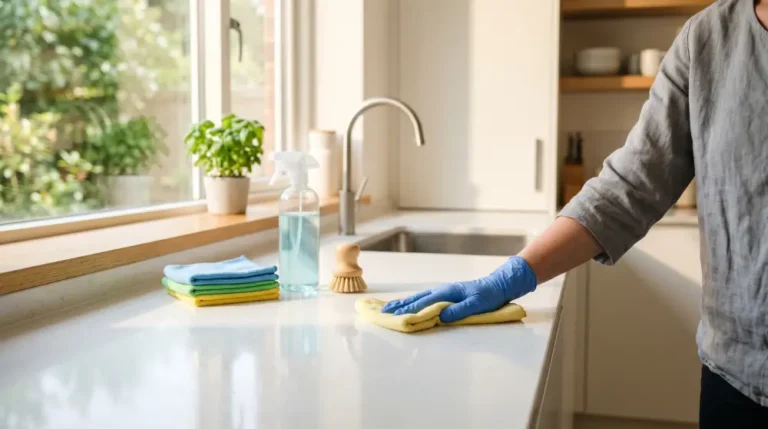 Bright, organized kitchen mid deep clean with a microfiber cloth and spray bottle on a spotless countertop