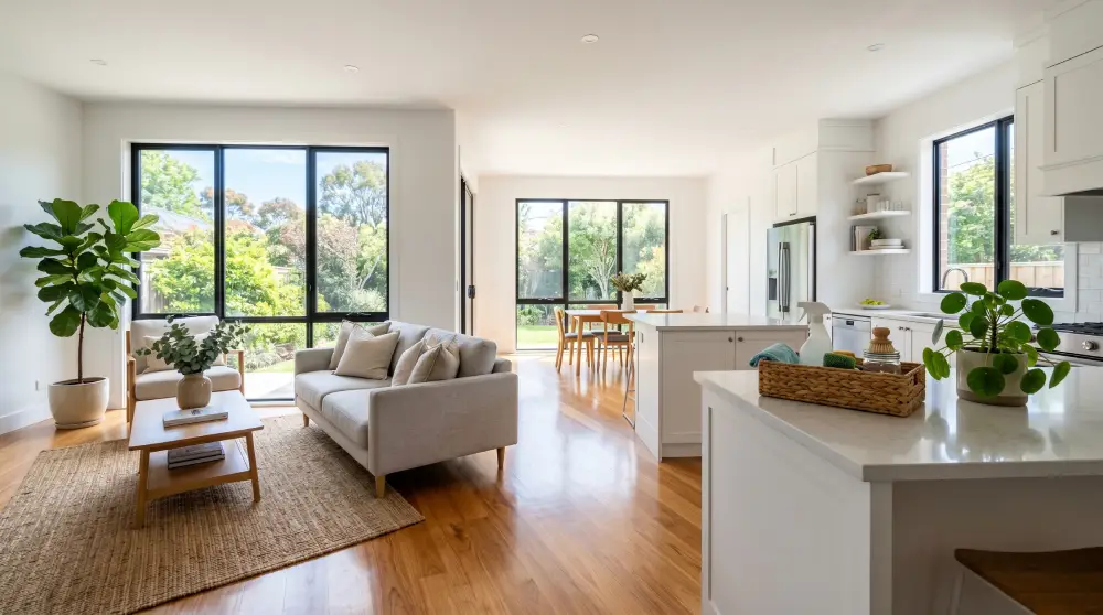 A bright and tidy living room with clean surfaces, folded cushions, and sparkling floors after a fast house cleaning session.
