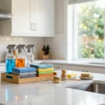 Professional cleaning supplies and tools arranged neatly on a sparkling clean kitchen counter