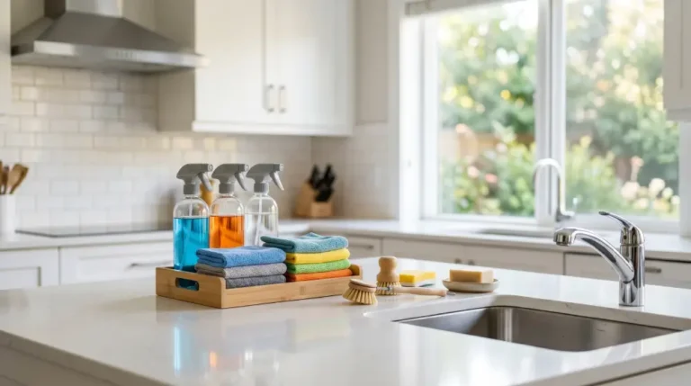 Professional cleaning supplies and tools arranged neatly on a sparkling clean kitchen counter