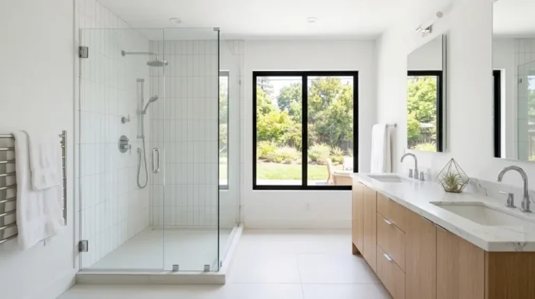 Clean bright bathroom with white tiles and glass shower door showing good ventilation to prevent mold