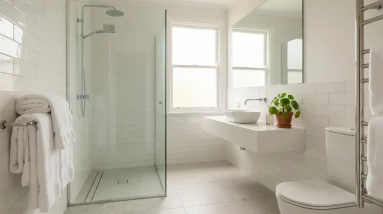 Clean bright bathroom with white tiles and glass shower door showing good ventilation to prevent mold