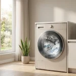 Modern laundry room with washing machine and folded fresh towels representing clean laundry results