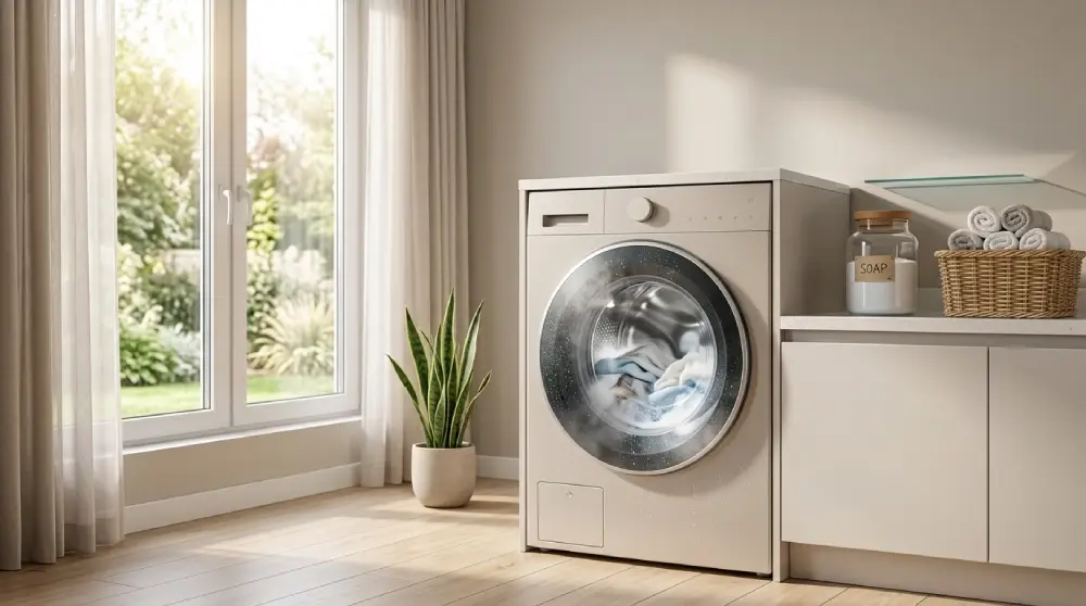 - Cleaning Tips Today Modern laundry room with washing machine and folded fresh towels representing clean laundry results