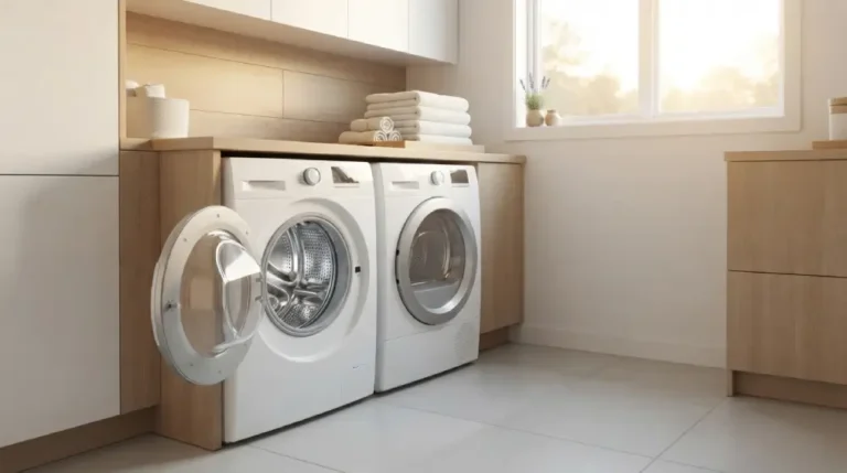 Clean stainless steel washing machine drum with the door open in a bright laundry room