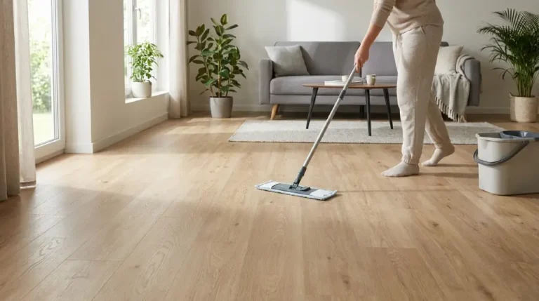 Person cleaning vinyl plank flooring with a microfiber mop in a bright living room
