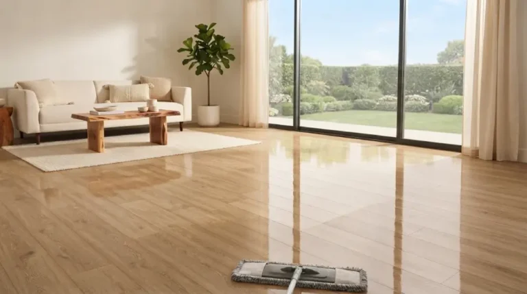Clean glossy laminate floor in a bright living room with natural light
