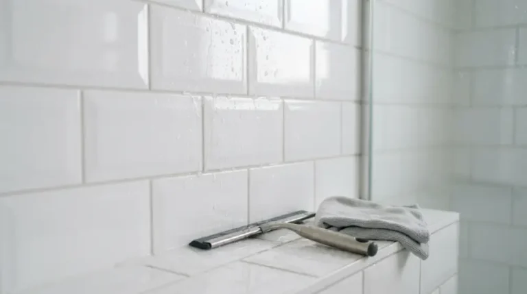 Clean white ceramic bathroom tiles with water droplets and a squeegee, showing tiles free of soap scum