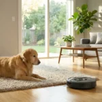 Robot vacuum cleaning pet hair near a dog on a hardwood floor in a cozy living room