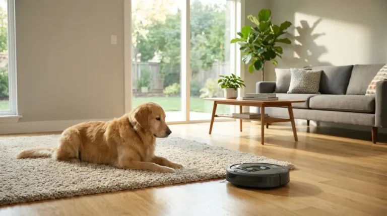 Robot vacuum cleaning pet hair near a dog on a hardwood floor in a cozy living room