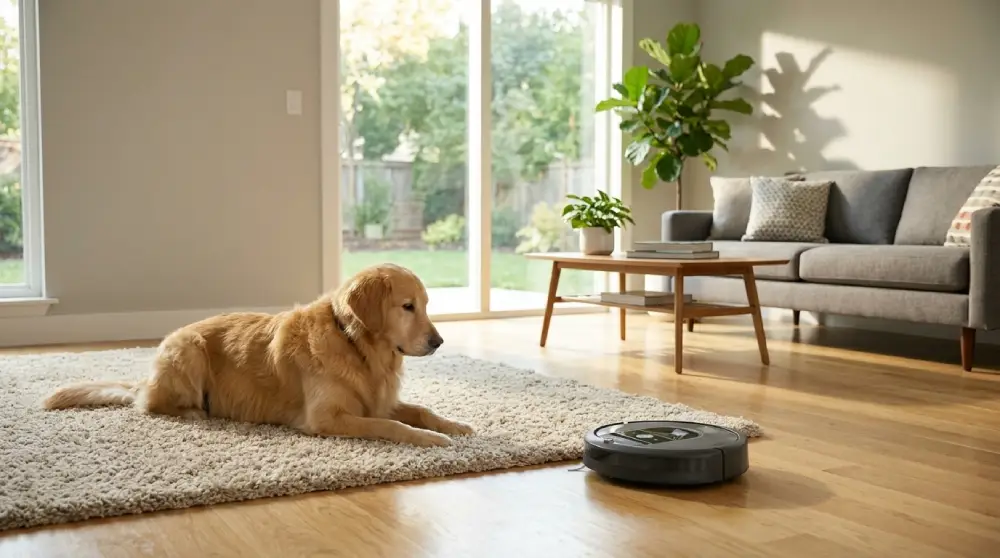 Robot vacuum cleaning pet hair near a dog on a hardwood floor in a cozy living room