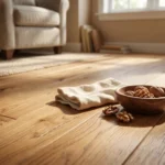 Close up of hardwood floor being treated to remove a scratch using a cloth and walnut