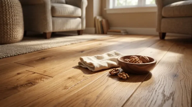 Close up of hardwood floor being treated to remove a scratch using a cloth and walnut