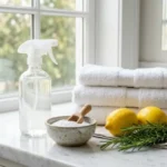 Natural homemade bathroom cleaning ingredients including vinegar spray bottle, baking soda, and lemons on a bathroom counter