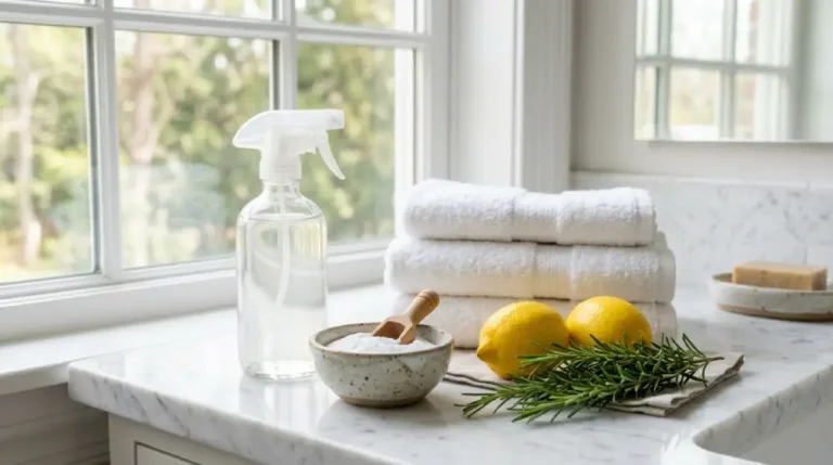 Natural homemade bathroom cleaning ingredients including vinegar spray bottle, baking soda, and lemons on a bathroom counter