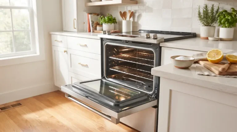 Clean oven interior with baking soda and lemon used for natural cleaning