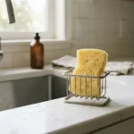Clean kitchen sponge sitting in a ventilated holder on a countertop