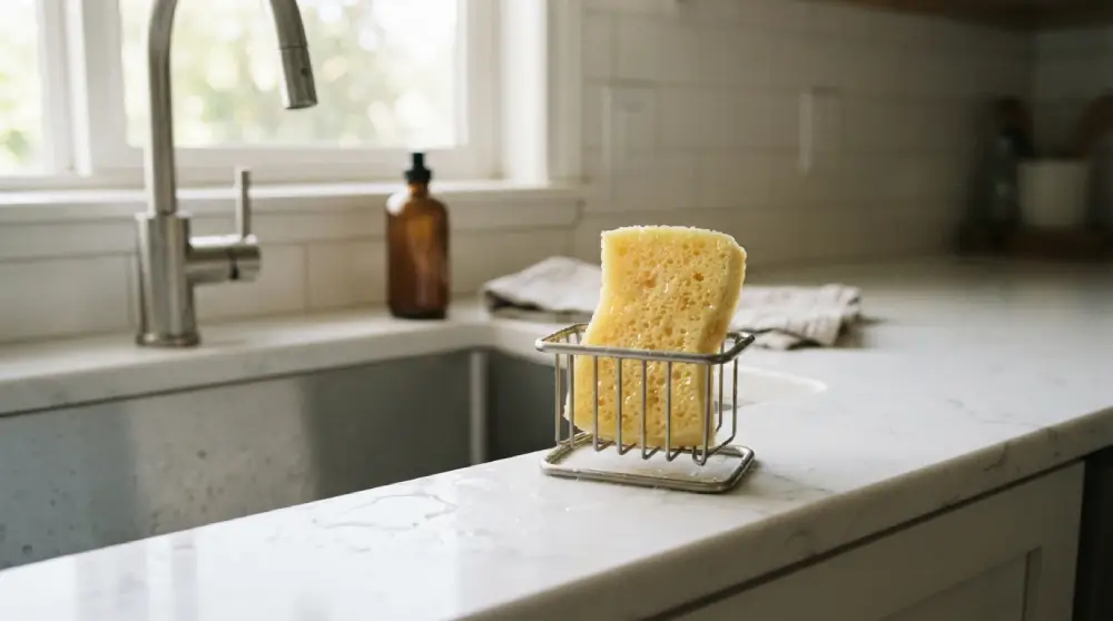 - Cleaning Tips Today Clean kitchen sponge sitting in a ventilated holder on a countertop