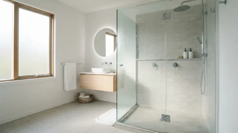Clean sparkling shower glass door in a modern bathroom after removing hard water stains