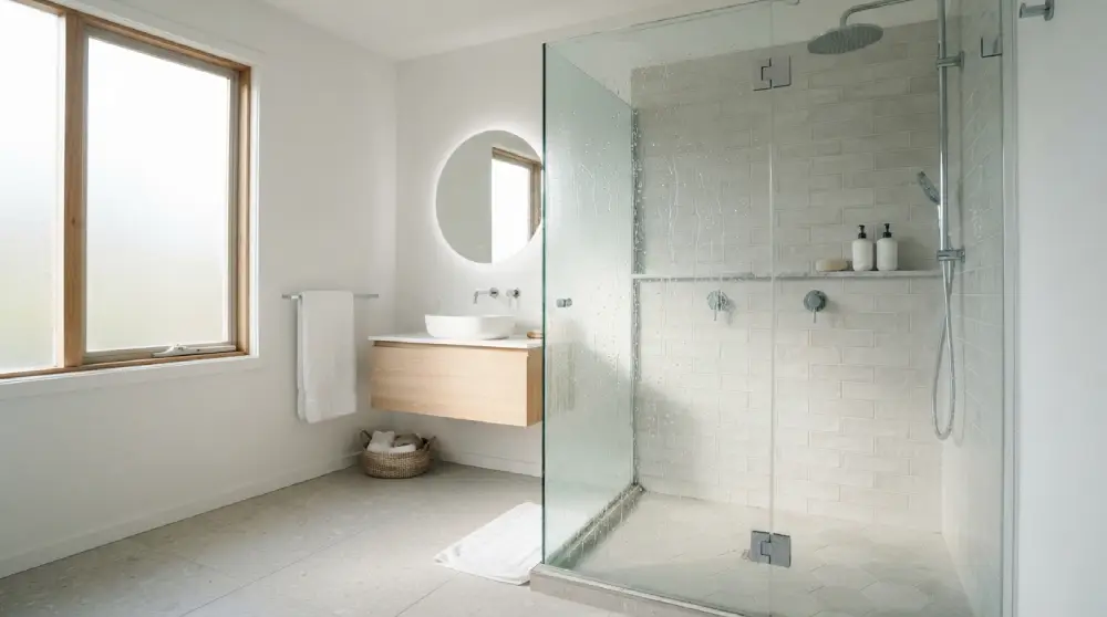 Clean sparkling shower glass door in a modern bathroom after removing hard water stains