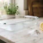 Glass baking dish with baking soda and lemon used for cleaning burnt food residue