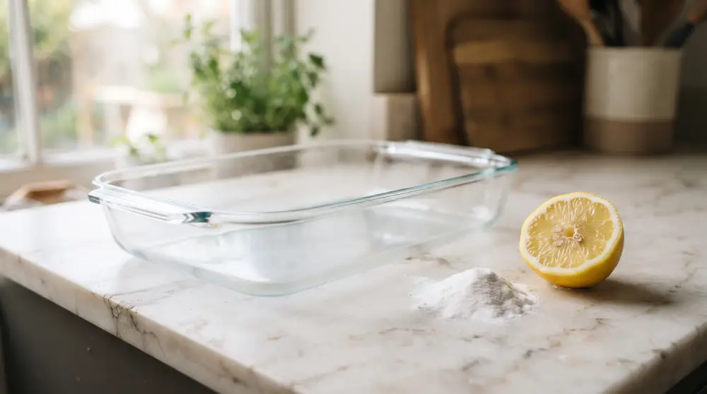 Glass baking dish with baking soda and lemon used for cleaning burnt food residue