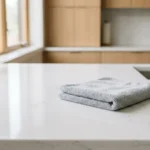 - Cleaning Tips Today Glossy white quartz countertop with a microfiber cloth showing a clean and polished finish