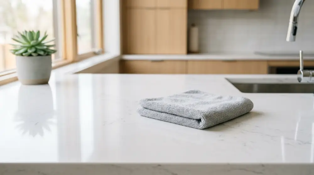 Glossy white quartz countertop with a microfiber cloth showing a clean and polished finish