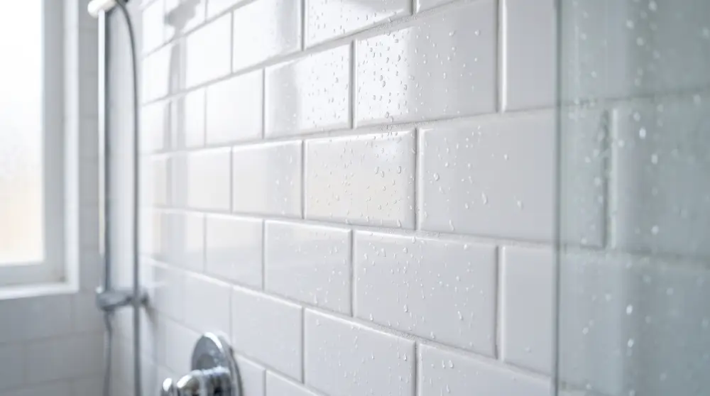 Clean white shower tiles with fresh grout lines and no mold