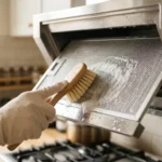 Person cleaning a stainless steel kitchen exhaust filter with a brush and soapy water