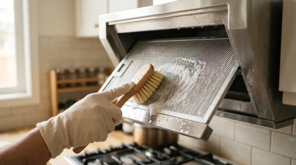How to Clean Kitchen Exhaust Filters - Cleaning Tips Today Person cleaning a stainless steel kitchen exhaust filter with a brush and soapy water