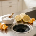 Natural ingredients like lemon peels, baking soda, and ice used to clean a garbage disposal