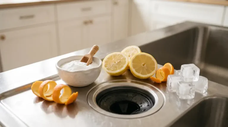 Natural ingredients like lemon peels, baking soda, and ice used to clean a garbage disposal