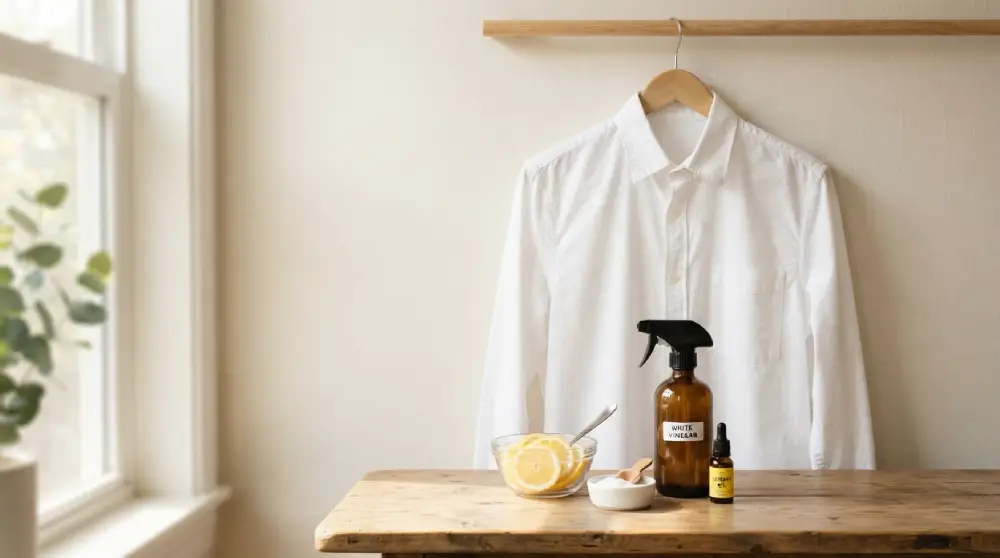 - Cleaning Tips Today Natural ingredients like lemon, baking soda, and vinegar used to remove sweat stains from a white cotton shirt
